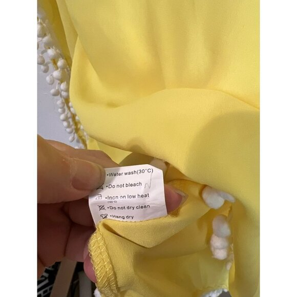 Adreamly OS Bathing Suit Cover Up Yellow with White Pom Pom Fringe One Size - Picture 5 of 5